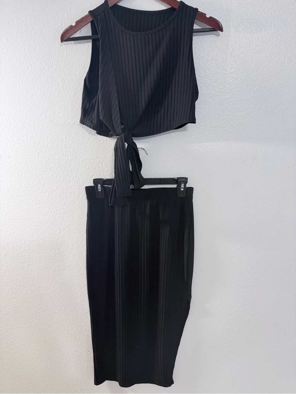 Fresral Black Ribbed Asymmetrical Tie-Front Crop Top & Shein Midi Skirt Set